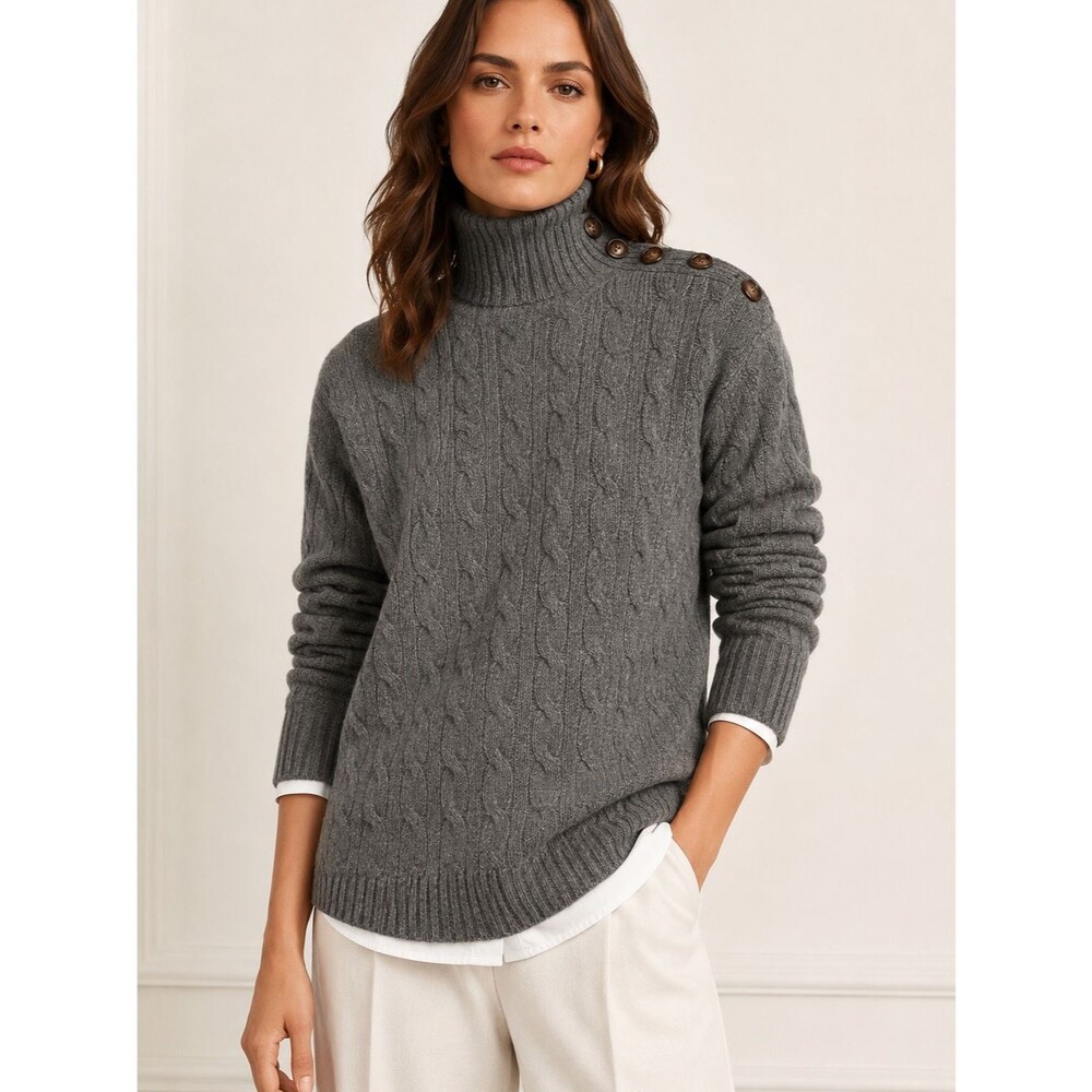 Polo Ralph Lauren Cashmere Wool Cable Knit Turtleneck Sweater S Gray Button